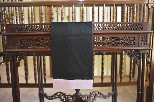 Multicolored Hemstitch Guest Towel. Black & Pink Mist colored
